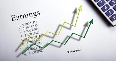 table with earnings with digits, calculator and diagram photo