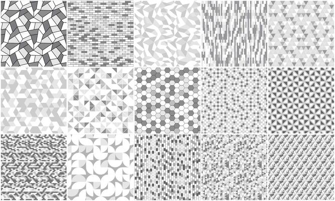 Collection of white and gray geometric patterns. Monochrome mosaic seamless backgrounds. repeatable tile textures