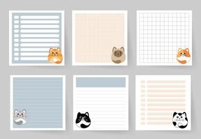 A set of notebook pages with cute cats. Template for planning, to-do list, daily schedule, sheet for notes and other reminders. vector
