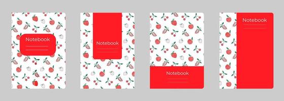 Set of cover designs for notebook, notepad, book, catalog with red apple, strawberry, cherry. Vertical format A4,A5. vector