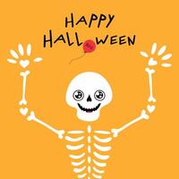 Halloween greeting card with a peeking smiling skeleton and with hand lettering quote vector
