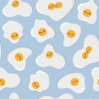 Cute cartoon fried eggs characters seamless pattern. Funny smiling yolks. Breakfast concept vector
