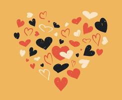 Heart shape made of different hearts isolated on yellow background with grunge texture. Vintage retro style poster with heart symbols vector