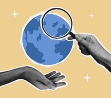 Web or global search concept. Halftone holds planet and magnifying glass in trendy collage style. vector