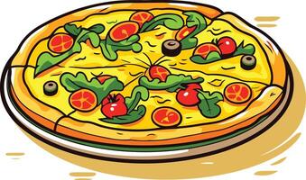 Cartoon illustration of a delicious pizza with various toppings, perfect for menus, recipes, and food related designs vector