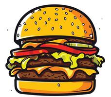A juicy, cartoon style double cheeseburger with lettuce, tomato, and a pickle vector