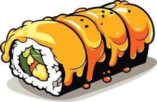 Cartoon illustration of a delicious sushi roll with a generous drizzle of sauce vector