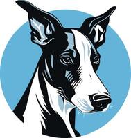 A striking black and white illustration of a dog's head, set against a blue circular background vector