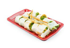 spring rolls with vegetables and fish on a plate photo