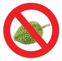 Circle prohibited red sign for no durian allowed Isolated on white background with clipping path. photo