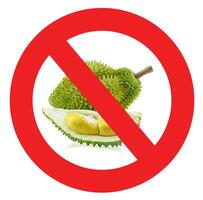 Circle prohibited red sign for no durian allowed Isolated on white background photo