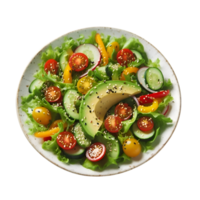 Salad with tomatoes, avocado and cucumber with yellow pepper on a plate isolated from background png