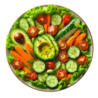 Salad with tomatoes, avocado and cucumber, carrots on a plate isolated from background png