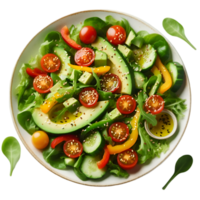 Salad with tomatoes, avocado and cucumber on a plate with green leaves isolated from background png