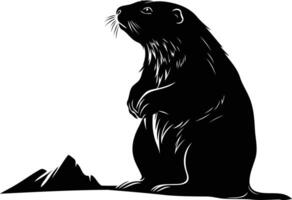 A striking silhouette of a groundhog standing tall with a mountain in the background vector