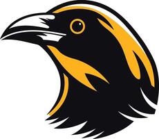A bold and dynamic illustration of a black raven's head with yellow accents, perfect for branding, logo design, or any project requiring a strong and powerful symbol vector