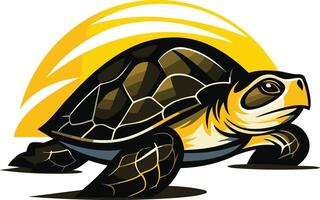 A stylized illustration of a turtle walking on a yellow background vector