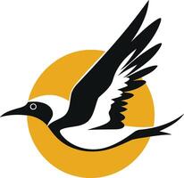 A stylized black and white silhouette of a bird in flight against a yellow sun vector