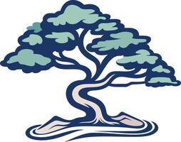 A stylized bonsai tree with blue and green leaves, isolated on a white background vector