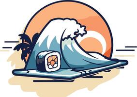A playful illustration featuring a sushi roll riding a wave, set against a sunset vector
