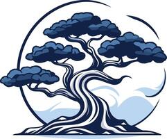 A minimalist blue bonsai tree illustration with intricate branches and a circular background vector
