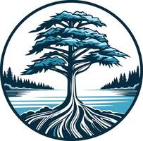 A stylized tree with intricate roots stands against a serene lakeside backdrop vector