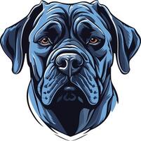 A powerful and majestic illustration of a black mastiff's head, rendered in a striking blue color palette vector