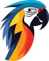 A vibrant, colorful parrot head logo design with sharp lines and bold colors vector