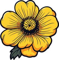 A cheerful, cartoon style yellow flower with a single green leaf vector