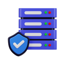 Data center with protect shield icon, server 3D icon. Server, Data, Web Hosting, cloud storage security icon 3d render png