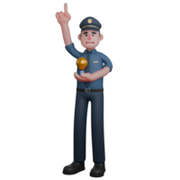 Police in 3D. A smiling police officer is holding a glowing light bulb in his hands while raising his index finger png