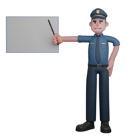 3D Male Police on Duty. A police officer is giving a presentation or instructions by pointing to a whiteboard with a pointer stick. Lawful Cartoon png