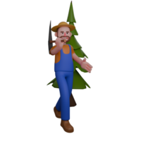 Farmer in 3D. A lumberjack is walking with an axe resting on his shoulder, while the other hand is extended forward. Male Professional png