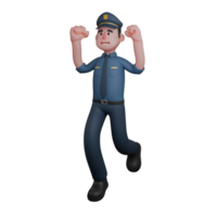Law Enforcement Police Professional in 3D. A police officer is jumping with both fists raised in the air, showing an expression of joy or success png