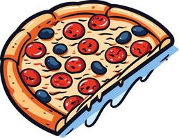 A cartoon pizza slice with gooey cheese dripping down the side, perfect for illustrating pizza menus, websites, or social media posts vector