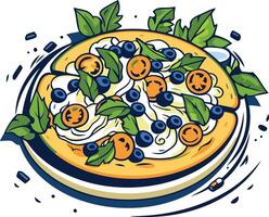 A vibrant illustration of a pizza with a unique topping combination blueberries, tomatoes, and a creamy sauce vector