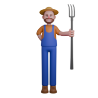 Male Farmer in Agricultural 3D. A farmer is standing upright with his left hand on his hip and his right hand holding a pitchfork. Professional Character png