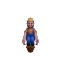 of Male Farmer. A farmer wearing a straw hat and gardening clothes is squatting in front of a pot containing young plants. Agricultural Worker png