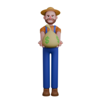 Male Farmer in Farm Setting. A farmer is standing with outstretched hands holding a large money bag adorned with dollar signs. 3D Character png