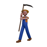 Agricultural Farmer Professional in 3D. A farmer is holding a large scythe with both hands, in a position ready to start working. Male png