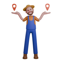 3D Farmer Male in Professional Setting. A farmer is standing with both hands raised, each holding a red map marker. Cartoon png