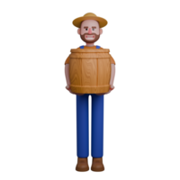 3D Cartoon Male Agriculturist. A farmer is standing while holding a large wooden barrel with both hands png
