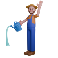 3D Male Farmer. A farmer wearing a straw hat, gardening clothes, and boots is watering plants with a watering can. Rural Cartoon Character png
