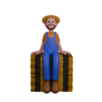 3D Male Farmer in Field. A farmer is sitting on a pile of wooden blocks. Agricultural Cartoon png