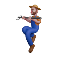 Professional Male Farmer in 3D Animation. A farmer is depicted jumping with both hands holding a pitchfork in front of his body. Agricultural png