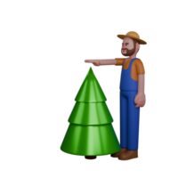 Male Farmer Illustration in 3D. A farmer is measuring the height of a pine tree using his hand. Professional png