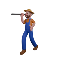 3D Male Agricultural Character. A farmer is standing with one hand holding a pitchfork resting on his shoulder, while the other hand is extended forward png