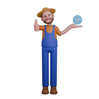 Illustrated Farm Expert. A farmer with a broad smile is holding a blue checkmark symbol in one hand and giving a thumbs-up with the other. 3D Male Farmer png