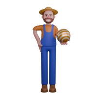 Agricultural Professional Male. A farmer holds a yellow and white striped ball in his right hand while his left hand is placed on his hip. 3D Farmer Cartoon png