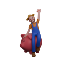 Farmer's Daily Routine in 3D. A farmer sits on a pink pig while raising one hand in the air with a joyful expression. Male Cartoon png